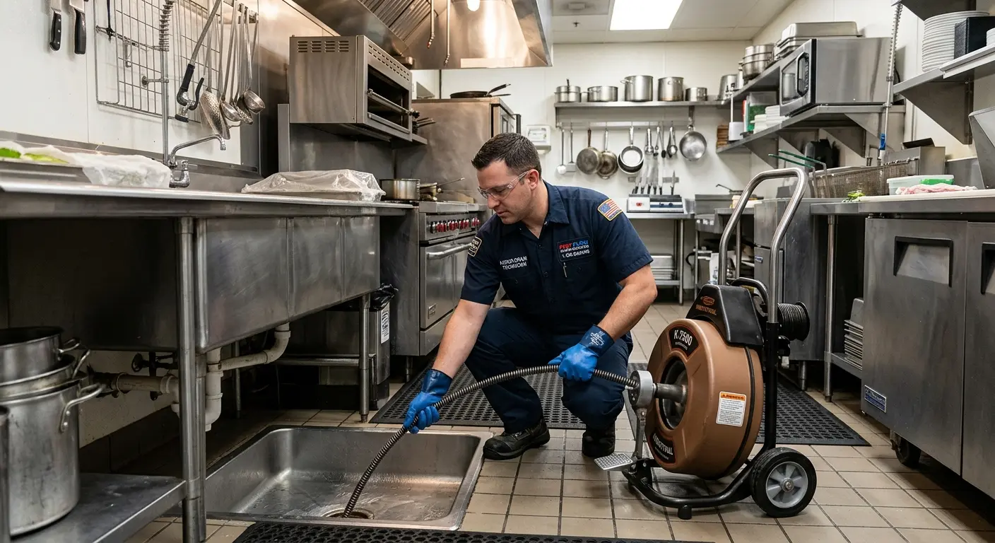 Commercial drain cleaning service in a restaurant kitchen in Neptune