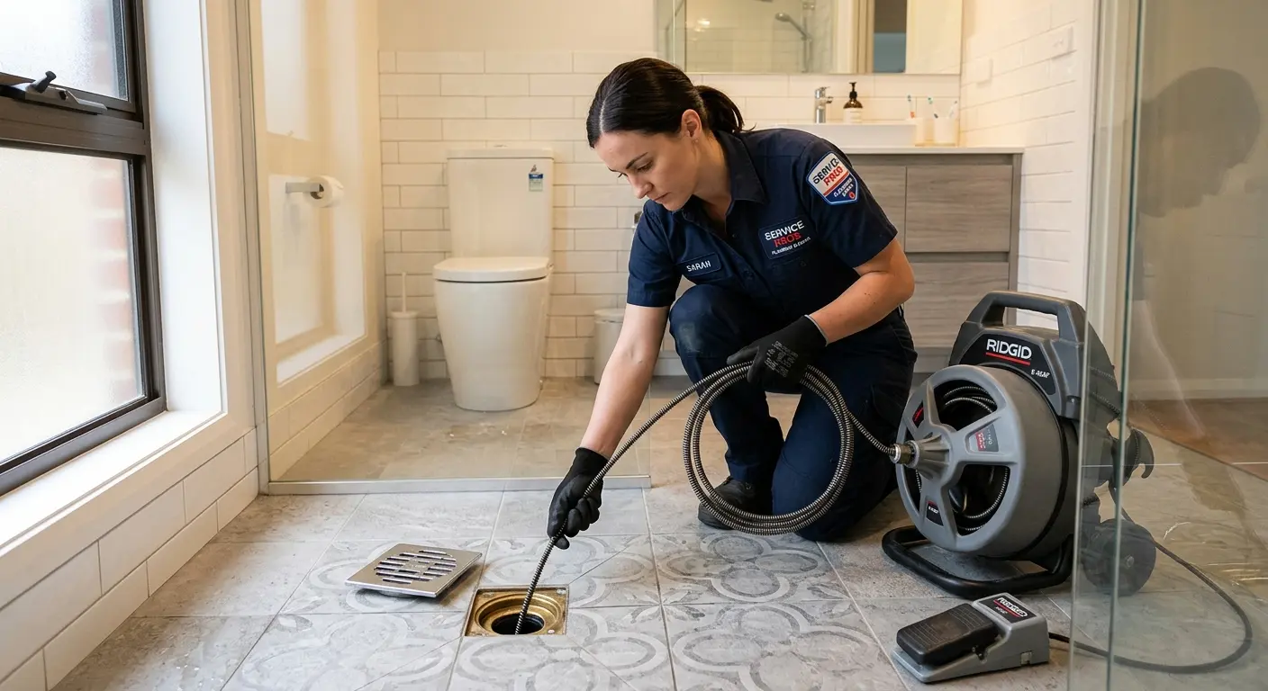 Technician clearing a bathroom floor drain for Drain Cleaning in Neptune
